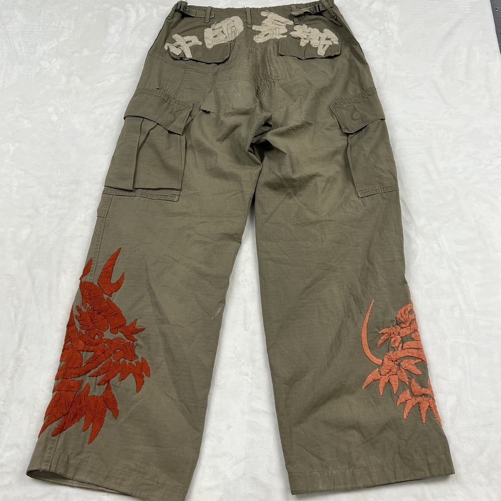 Unbranded Cargo Pants Mens Small Regular Olive Green Embroidered Dragon Kanji
